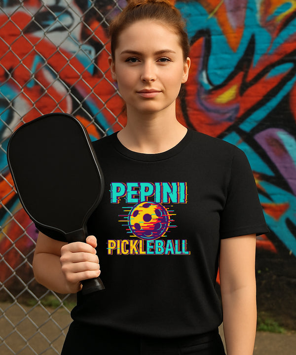 Pepini Pickleball Retro Neon Logo Tee - Blackout Series by Pepini Pickleball — white Pickleball T-Shirt front view