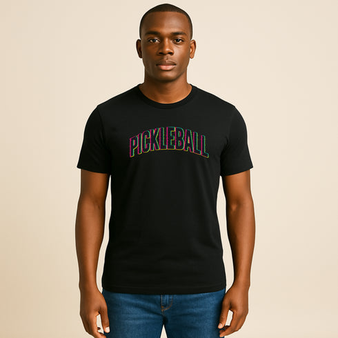 Curved Pickleball Neon Glitch Graphic T-Shirt – Blackout Series