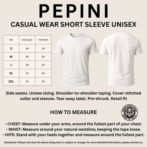 White t-shirt with size chart and measurement guide on a beige background