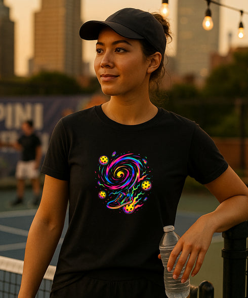 Person wearing a black t-shirt with a colorful design, holding a water bottle outdoors.