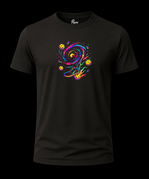 Black t-shirt with a colorful spiral design on a white background