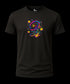 Black t-shirt with a colorful spiral design on a white background