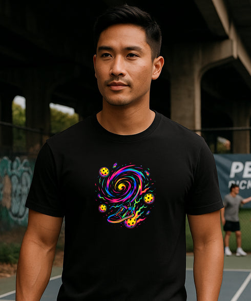 Man wearing a black t-shirt with a colorful abstract design on a tennis court.