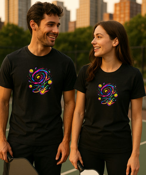 Two people wearing black t-shirts with a colorful spiral design in an urban setting.