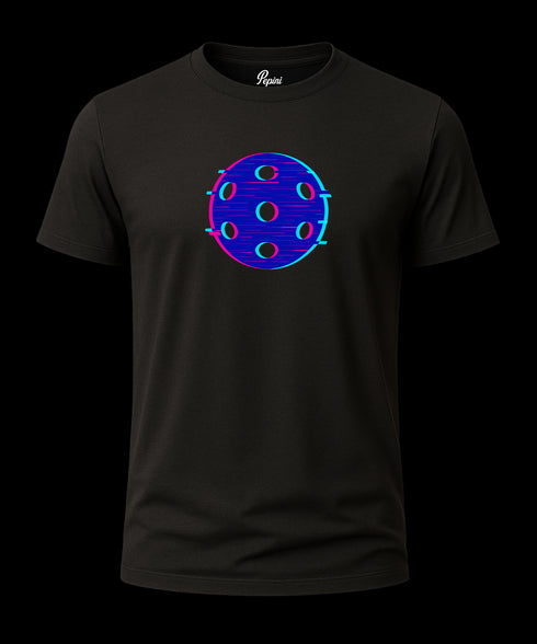 Black t-shirt with a colorful circular design on a white background