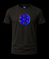 Black t-shirt with a colorful circular design on a white background