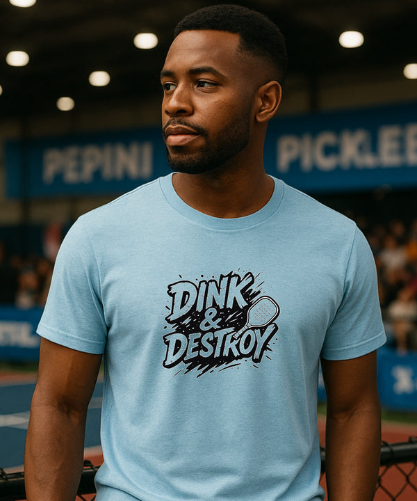 Dink & Destroy Pickleball Tee by Pepini Pickleball — white Casual Wear Pickleball T-Shirt front view