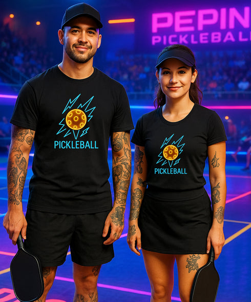 Two people wearing black 'Pickleball' t-shirts on a court with Neon design.