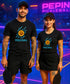 Two people wearing black 'Pickleball' t-shirts on a court with Neon design.