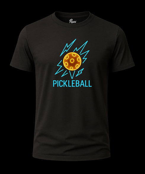Black t-shirt with pickleball graphic design on a white background