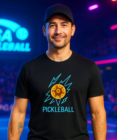Man wearing a black t-shirt with pickleball design and text, standing in front of a neon-lit pickleball-themed background.