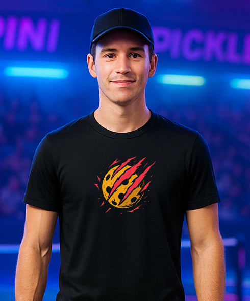 Man wearing a black t-shirt with a colorful graphic design in front of a blue and purple background.