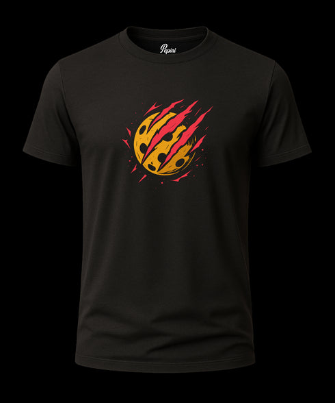 Black t-shirt with a colorful graphic design on a white background