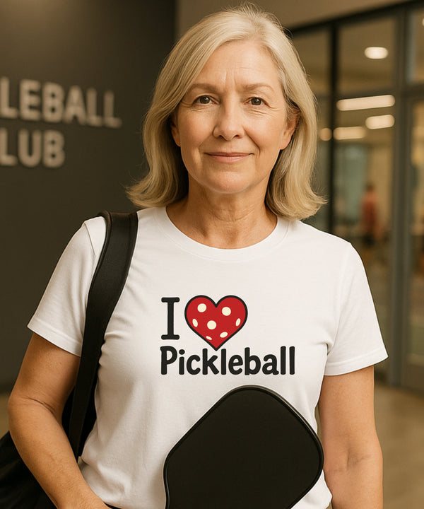 Woman wearing a 'I ❤️ Pickleball' t-shirt in front of a pickleball club.