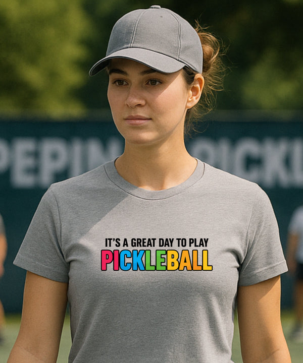 It's a Great Day To Play Pickleball by Pepini Pickleball — white Casual Wear Pickleball T-Shirt front view