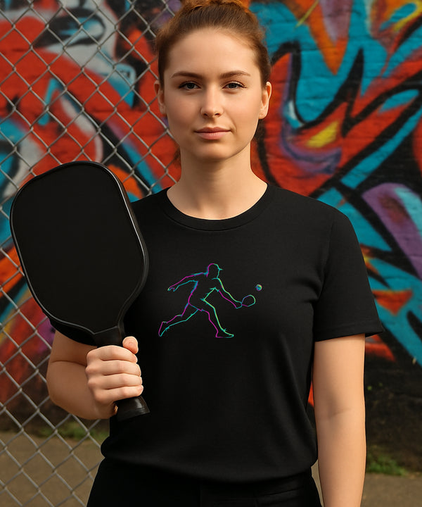 Person holding a pickleball paddle with colorful design on a black t-shirt against a graffiti-covered wall.
