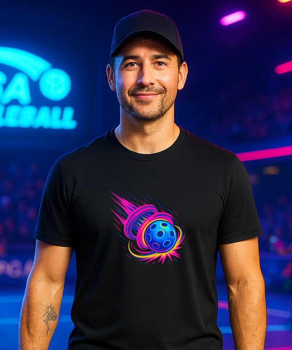 Man wearing a black t-shirt with a colorful graphic design in front of a neon-lit background.