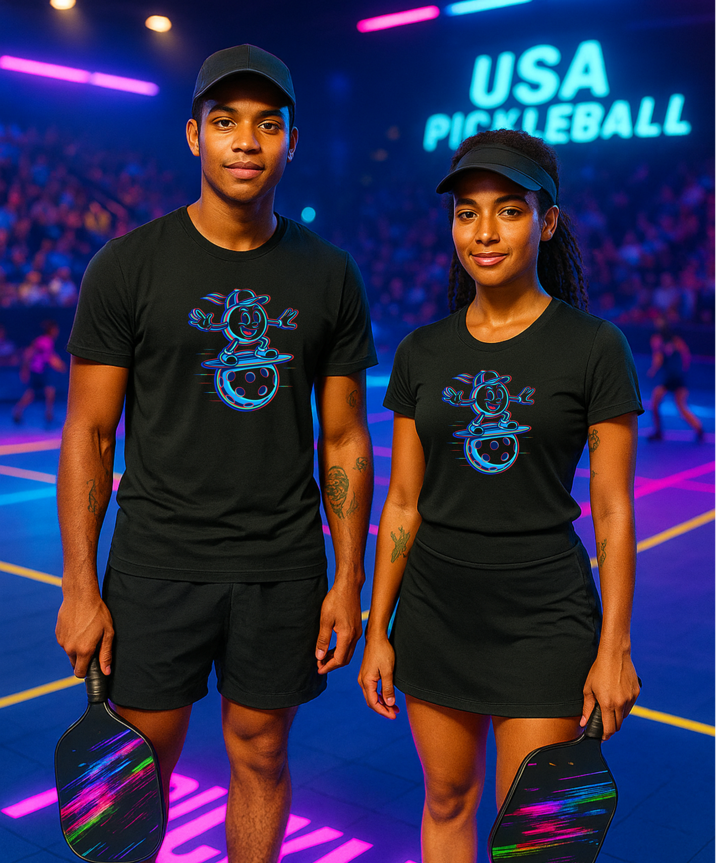 Two people wearing black shirts with a logo on a pickleball court, with 'USA Pickleball' visible in the background.