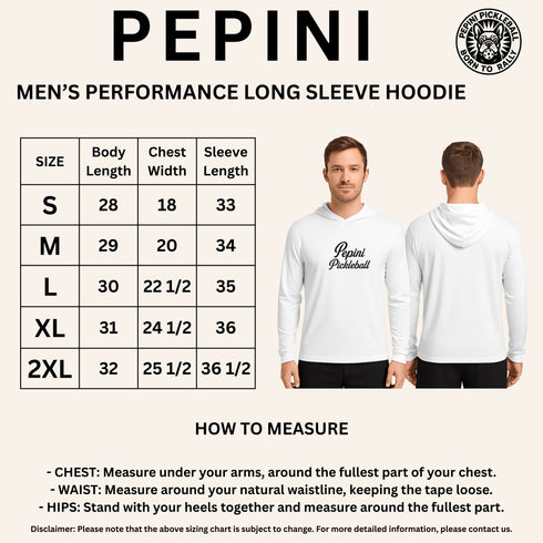 Pepini men's performance long sleeve hoodie with size chart and measurement guide.