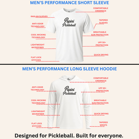 White men's performance short sleeve and long sleeve hoodie with feature text on a white background