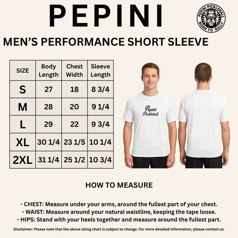 Pepini men's performance short sleeve shirt size chart with measurements and a model wearing the shirt.