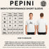 Pepini men's performance short sleeve shirt size chart with measurements and a model wearing the shirt.