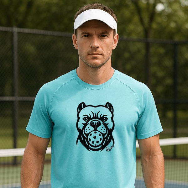 Man wearing a turquoise t-shirt with a dog graphic on a tennis court