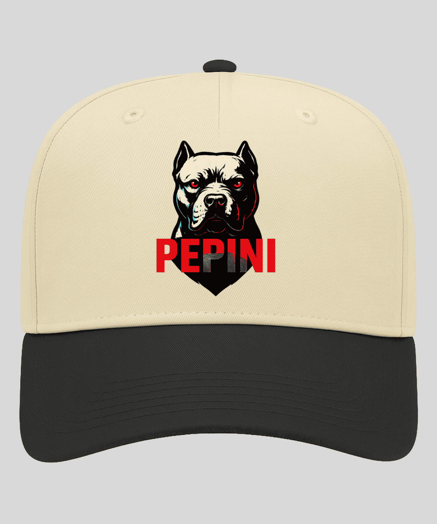 Beige and black cap with a dog illustration and 'PEPINI' text on a gray background