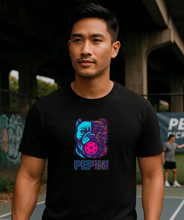 Man wearing a black t-shirt with a colorful graphic and 'PEPINI' text on a tennis court.