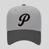 Gray cap with a black 'P' logo on a light gray background
