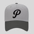 Gray cap with a black 'P' logo on a light gray background