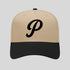 Beige and black cap with a black 'P' logo on a light gray background