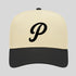 Beige and black cap with a black 'P' logo on a light gray background