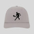 Gray cap with black silhouette of a person playing badminton on a light gray background