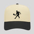 Beige and black cap with a black silhouette of a person on a gray background