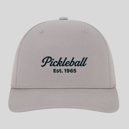 Gray cap with 'Pickleball Est. 1965' text on a light gray background