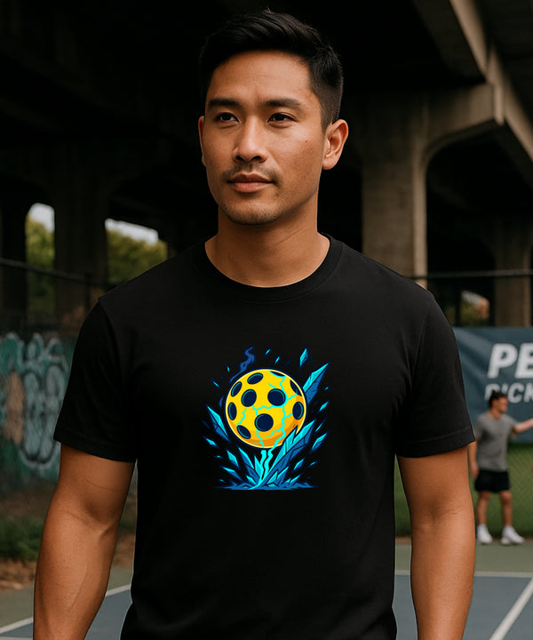 Man wearing a black t-shirt with a colorful graphic design on a tennis court.