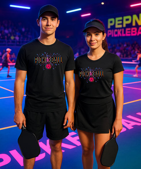 Two people wearing black 'Pickleball' shirts on a pickleball court with colorful lighting.