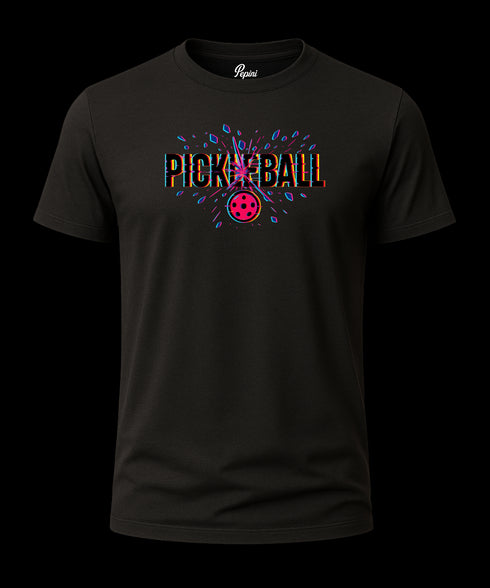 Black t-shirt with 'Pickleball' design on a white background