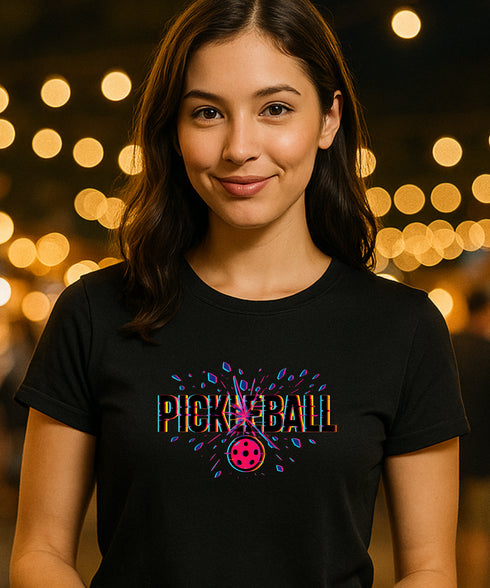 Woman wearing a black t-shirt with 'Pickleball' design against a blurred bokeh background