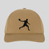 Beige cap with black silhouette of a person playing badminton on a light gray background