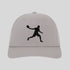 Gray cap with a black silhouette of a person playing badminton on a light gray background