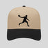 Beige and black cap with a black silhouette of a person on a gray background