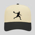 Beige and black cap with a silhouette of a person playing badminton on a light gray background