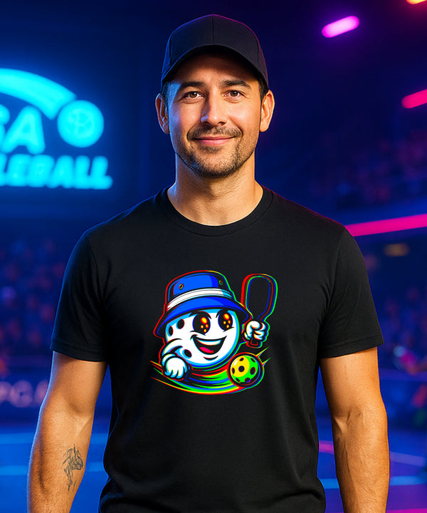 Man wearing a black t-shirt with a colorful graphic design in front of a neon-lit background.