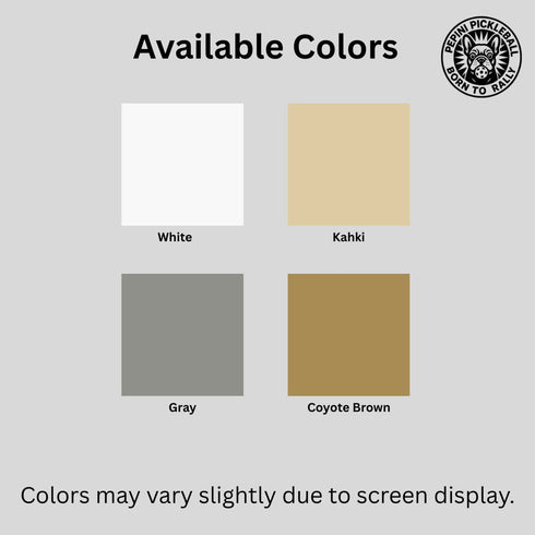 Color swatches of white, kahki, gray, and coyote brown with a brand logo at the top.