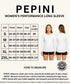 Pepini women's performance long sleeve shirt size chart with measurements.