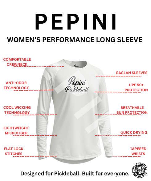 White women's performance long sleeve shirt with features highlighted on a white background, branded 'Pepini'.