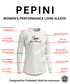 White women's performance long sleeve shirt with features highlighted on a white background, branded 'Pepini'.